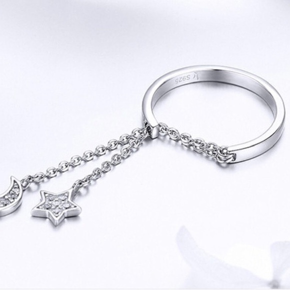 Authentic 925 Sterling Silver Moon and Star Link Chain Adjustable Finger Rings - Picture 5 of 6